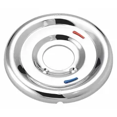 Metal circle trim plate in chrome finish. Functions as a temperature control lever for bathtub and shower faucets. Used to cover wall openings or replace existing trim on compatible faucet systems.