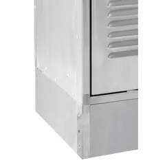 Stainless steel side base for standard lockers, measuring 1/8 in x 18 in x 6 in with a 1/8 in footplate width. Supplied unfinished in silver and includes hardware. Used as a component in locker base assemblies to provide stable support for locker banks in industrial, institutional, and commercial settings.