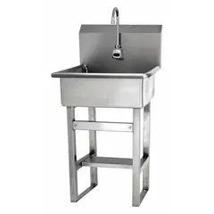 This one-station freestanding hand sink includes a battery-powered sensor faucet with a 2 gpm flow rate. The bowl measures 20 in length and 9 in depth. Side splash is not included. Suitable for commercial restrooms and other public handwashing areas.