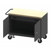 Fully assembled mobile cabinet bench with a butcher block top and side handle. Overall load capacity of 3,600 lb. Suitable for heavy-duty assembly, repair, and storage tasks in industrial workshops and maintenance facilities