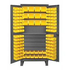 Steel bin cabinet with powder-coated finish in yellow and gray. Includes 4 drawers, 1 shelf, and 120 bins (60 bins of 4x5x3 in). Used for organized storage of small parts, tools, and components in industrial workshops, warehouses, and maintenance facilities. Fully assembled.