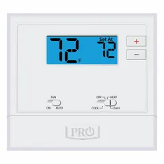 Square push-button digital thermostat for heat-or-cool applications. Operates on 18V AC with manual changeover and system settings for Cool, Emergency Heat, Heat, and Off. Features Auto-On fan setting, easy-access battery compartment, temperature control range 44° to 90°F, and selectable differential 0.2°F to 2°F. Terminal designation B; mounts horizontally.