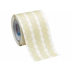 Pre-cut masking discs with 3/8 in diameter, off-white crepe paper backing and acrylic adhesive. Designed for paint surfaces, these discs provide clean masking during high-temperature painting processes in industrial finishing and manufacturing.