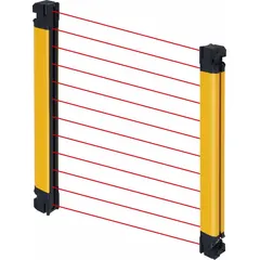 This OMRON light curtain operates on 24V DC with 124 beams at 20 mm spacing and a 760 mm protected height. It uses an 870 nm IR LED emitter and M12 connectors, with a supply current of 100 mA and load current of 300 mA at 24V DC. Typical applications include safeguarding operators near hazardous machinery such as press brakes, assembly lines, and robotic cells.