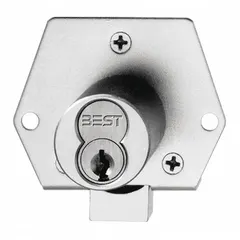 This latchbolt cabinet and drawer lock features an inverted diamond shape and is compatible with Small Format Interchangeable Cores (SFIC). The body measures 2 1/8 inches in height and 1 7/8 inches in width. Core is not included. Suitable for securing cabinets and drawers in commercial and institutional settings.