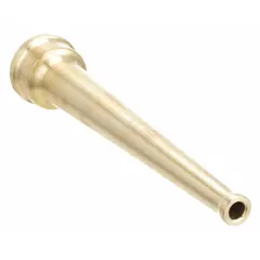 This solid bore nozzle features a rigid brass body with GHT threads and constant-pressure (automatic) operation, delivering a solid stream for fire suppression. It is activated by constant-on flow and has no grip, suitable for hose-end use in firefighting systems.