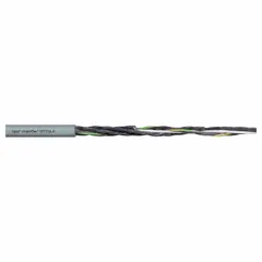 This continuous flexing control cable from the Chainflex CF77-UL series features a PUR jacket and is rated for 300 V. It has 3 conductors of 24 AWG single copper wire, is UV/sunlight resistant, and meets CEI 20-35 standards. Minimum bend radius factors are 4 x OD for fixed installation, 5 x OD for flexible use, and 6.8 x OD for e-chain applications. Suitable for automated machinery and cable carrier systems requiring repeated bending.