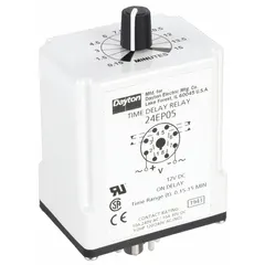 This socket-mounted time delay relay provides an on-delay function, operating on 12V DC with a 10 A contact rating. It features 8 pins/terminals for panel mounting in industrial control circuits. Typical applications include conveyor systems, HVAC controls, and pump sequencing.