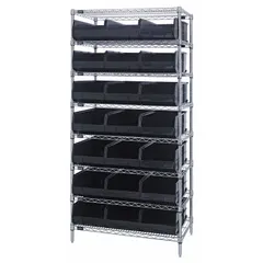 This wire stationary bin shelving unit includes 21 open-front polypropylene shelf bins in black, each measuring 7 in x 11 in x 18 in. The steel frame has a silver finish and the unit is one-sided. Suitable for organizing small parts and supplies in industrial storage areas, workshops, and distribution centers.