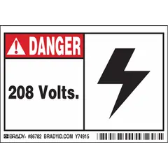 Polyester adhesive sign with nominal size 3 1/2 in x 5 in and 0.01 in thickness. Sold in a 5-pack. Used to warn of 208-volt electrical hazards in industrial and commercial facilities. Not retroreflective, does not glow in the dark, and has no anti-slip surface.