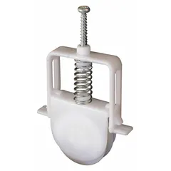 This roller assembly is designed for use in sliding screen doors, replacing worn or broken rollers to restore smooth operation. It measures 5-13/32 inches in both overall height and length, with a white unfinished finish. Supplied as a single piece (1 PR).