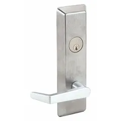 This stainless steel lever trim is designed for use with exit push bars on doors up to 48 in wide. The lever outside trim and exit device style provide push-pad operation. It is ADA compliant for accessibility and suitable for commercial applications requiring reliable egress hardware.