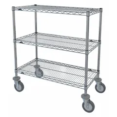Mobile wire shelving unit for dry storage applications. Constructed of steel with a silver finish, featuring 2 shelves, 4 round posts, and 4 swivel casters with rubber wheels in chrome finish. Split sleeve design allows easy assembly. Suitable for organizing dry goods, supplies, or light equipment in commercial or institutional settings.