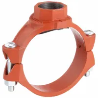 This outlet pipe clamp is a ductile iron fitting with an EPDM seal, designed for grooved-end piping systems. It creates a branch connection from a main line, accommodating pipe sizes of 6 in, 2 in, and 2-1/2 in. Rated for a maximum operating pressure of 300 psi at 150°F, it is commonly used in fire protection, HVAC, and industrial piping applications