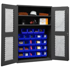 Steel ventilated bin cabinet with two shelves and twenty-four blue bins. Cabinet is powder coated gray, bins are blue. Each bin measures 8 in x 15 in x 7 in. Panel is 14 ga. Assembled. Suitable for organizing small parts and components in industrial settings.