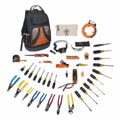This 39-piece tool set includes a tool backpack for organized transport. The kit contains cutting tools, a fish tape, a hex key, tongue and groove pliers, a folding jab saw, and a headlamp. Suitable for electrical installation and maintenance tasks.