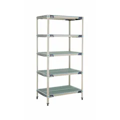 This stationary shelving unit features a 304 stainless steel frame and shelves, with antimicrobial resistance properties. It includes five shelves, an overall height of 74 inches, and is suited for environments requiring frequent cleaning and resistance to moisture and microbial growth.