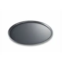 This solid pizza pan is made from anodized aluminum with a pre-seasoned coating. It has a 14 7/16 in overall diameter and 14 ga gauge. Suitable for baking and serving pizzas in commercial kitchens and foodservice operations