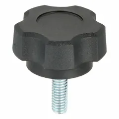 This 5-arm knob features a plastic body with a steel thread insert for durable engagement. Thread size is 5/16"-18 with a 1 in thread length. Used for manual clamping, positioning, and adjustment on industrial machinery, jigs, and fixtures.