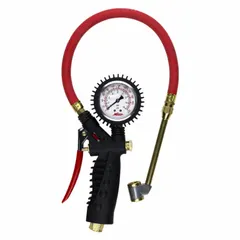 Dial-type single-tire inflator gauge with dual-head design. Constructed from brass and EPDM rubber, it features a 1/4 in-18 thread size for secure connection. Used for inflating and measuring pressure in single tires in automotive, truck, and workshop settings.