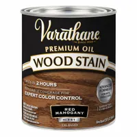 This oil-based wood stain is formulated for interior use, providing a semi-transparent finish that enhances the natural wood grain. The Red Mahogany color with a satin sheen is suitable for trim, furniture, and cabinetry. Supplied in a 1-quart container