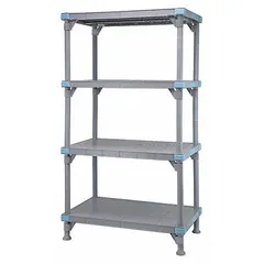 This stationary plastic shelving unit features a polypropylene frame and shelves with abrasive chemical-resistant properties. It includes four quick-adjust shelves for flexible configuration. Suitable for industrial environments requiring resistance to harsh chemicals and antimicrobial performance.