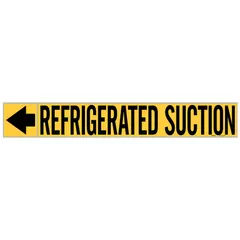 Yellow adhesive pipe marker with black legend reading 'Refrigerated Suction' for identifying refrigerated suction lines. Includes flow-direction arrows. Fits pipe outer diameters from 2-1/2 to 6 inches. Supplied in a roll of 25 markers.