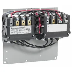 This reversing NEMA magnetic contactor controls motor direction for three-phase motors in applications such as conveyors, hoists, and pumps. It features 3 poles, NEMA Size 1, rated 27 A at 480V AC, enabling forward and reverse operation from a single device.