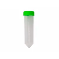 This 50 mL PPCO centrifuge tube features a conical bottom and natural body color. It includes a green closure and is graduated for volume measurement. Suitable for general laboratory centrifugation applications requiring separation and sedimentation of samples