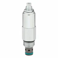 Steel, block-mounted, two-position, normally closed, two-way pressure control cartridge valve with screw adjustment. Used in hydraulic systems to regulate pressure by blocking or allowing flow in oil-hydraulic circuits.