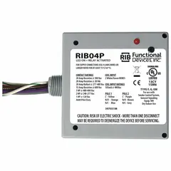 General purpose power relay with DPDT contacts rated 20 A at 480V AC. Enclosed pre-wired unit with 0.50 in NPT nipple for mounting in junction boxes or panels. Suitable for switching motors, lighting, and HVAC equipment in industrial and commercial applications.