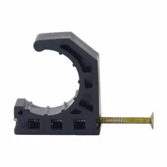 Plastic nail clamp for securing 1/2 in, 5/8 in, and 3/4 in copper tubing. Used in plumbing and HVAC installations to fasten pipe runs to wood structures. Corrosion-resistant plastic suitable for indoor applications.