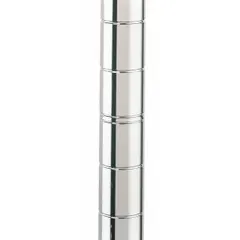 Set of four stainless steel wire shelving posts with split sleeve design and corrosion-resistant properties. Each post measures 63 inches in height and 1 inch in diameter, featuring a silver stainless steel finish. Leveling feet are included for stable installation. Suitable for harsh environments such as industrial storage areas.