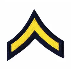 This embroidered insignia denotes the rank of Private First Class. It measures 3 inches, features gold and navy colors, and is constructed of plastic. Designed as a sew-on patch, it is used for uniform rank identification.