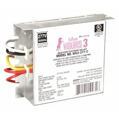Instant start electronic ballast for operating one or two F39T5 fluorescent lamps. Operates at 277V AC. Overall dimensions: 3 7/8 in length, 2 1/2 in width. Suitable for use in commercial and industrial lighting fixtures such as troffers, strip lights, and signage.