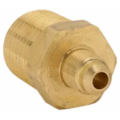 Brass 45-degree flare tube elbow with flared/threaded ends. Connects 1/4 in OD tubing to 1/2 in pipe thread. Meets SAE J512 standards. Supplied as a 10-pack. Used in hydraulic, pneumatic, and fuel systems for leak-resistant connections.