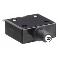Push button style miniature circuit breaker rated 20 A at 125/250V AC or 32V DC. Front panel mount with 3/8 in collar, 2.31 in depth, and 1/4 in tab terminals. Provides overcurrent protection in control panels and power distribution systems