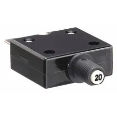 Push button style miniature circuit breaker rated 20 A at 125/250V AC or 32V DC. Front panel mount with 3/8 in collar, 2.31 in depth, and 1/4 in tab terminals. Provides overcurrent protection in control panels and power distribution systems.
