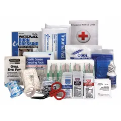 Bulk refill for first aid kits, compliant with ANSI/ISEA Z308.1-2015 Type I standards. Contains 89 components including 32 adhesive bandages, tape, and 6 hand sanitizers. Latex-free, no oral or inhalant medication. Serves 25 people in small office settings.