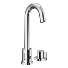 Brass construction with polished chrome finish. Single-post design with plug-in sensor operation and handles. Includes mounting hardware. Suitable for restroom applications requiring touch-free activation.