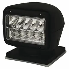 ECCO EW3010 is a square, black-housed LED spot light with a handheld remote controller. It features permanent magnetic installation and blunt cut wires for electrical connection. CE certified. Suitable for directing light from inside a vehicle cab for roadside assistance, construction, or search operations.