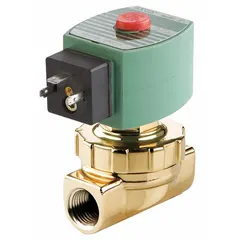 This 2-way, 2-position normally closed solenoid valve features a brass body and DIN connection. It operates at 110V AC and has a 1/2 in pipe size. When de-energized, the valve blocks flow; when energized, it opens. Typical applications include on/off control of water, air, and light oil in process automation, HVAC, and irrigation systems.