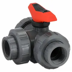 This three-way ball valve features a PVC body with an L flow pattern and FNPT threaded ends. The two-piece design includes a locking lever handle for manual flow diversion. Suitable for use in water treatment, chemical processing, and irrigation systems where corrosion resistance is required.
