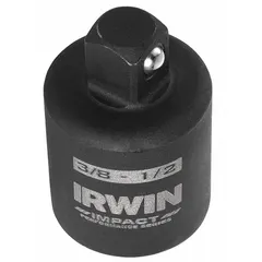 This impact socket adapter converts a 1/2" square-drive impact tool to accept 3/8" drive sockets. The black oxide finish provides corrosion resistance. A locking mechanism secures the socket during use. Typical applications include automotive repair, construction, and industrial maintenance.