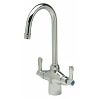 Single-post laboratory faucet with chrome finish. Designed for cold and hot water media, operated by two lever handles. Suitable for lab sinks in educational, research, and industrial settings