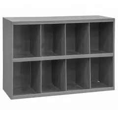 Steel shelving unit with gray finish. Overall dimensions 34 in x 8 1/2 in x 18 in. Eight compartments each 8 in x 8 1/2 in x 9 in. Suitable for organizing small parts, mail, or documents in industrial and office environments.