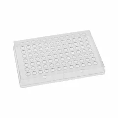 This 96-well PCR plate is made of natural polypropylene with round wells, each 0.1 mL volume and 5.5 mm diameter. It is RNase/DNase free, suitable for PCR and qPCR assays in molecular biology workflows.