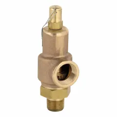 This bronze safety relief valve is ASME Section VIII & XIII certified for air, inert gas, and liquid service. It features a 3/4 in MNPT inlet and 1 in FNPT outlet, with a maximum operating pressure of 264 psi. Used to protect pressurized systems from overpressure conditions.