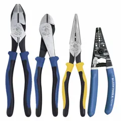 This 4-piece pliers set includes diagonal pliers and a wire stripper, each with deluxe cushion grips and spring return mechanisms. The set covers a pliers range of 2 to 5, suitable for cutting, stripping, and gripping tasks in electrical, maintenance, and construction applications.