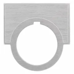 Half-round metallic legend plate with red finish and English 'Emergency Stop' legend. Overall dimensions 1 1/2 in H x 2 in W, 30 mm panel mounting, tab-style attachment. Used to label emergency-stop push buttons in industrial control stations.